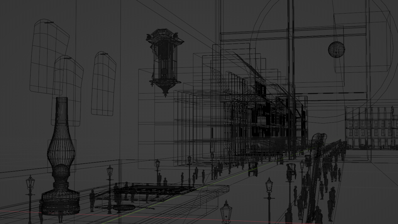 Wireframe of 3D art work of a steampunk London