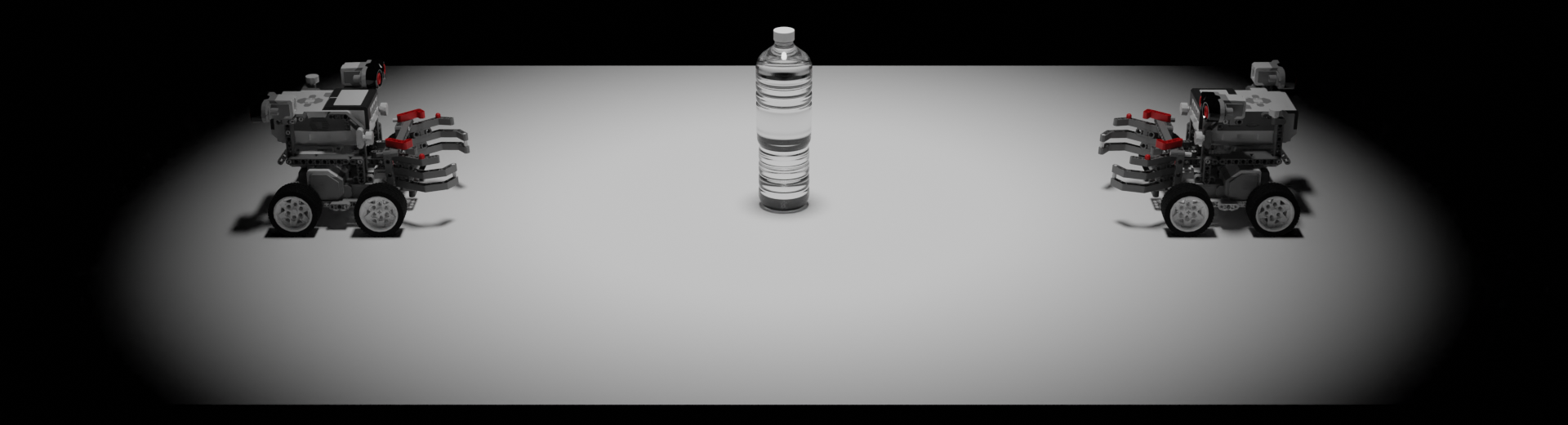 Rendering of two Lego sumo robot with a bottle in the middle.